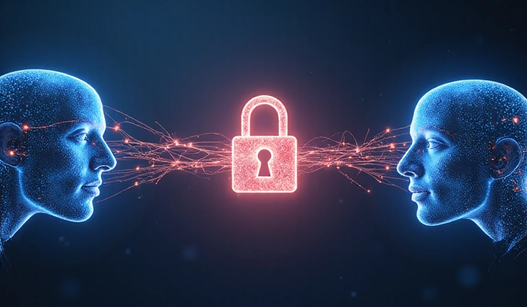 Illustration of secure data transfer between two digital entities, represented by glowing lines and a lock icon, ensuring privacy