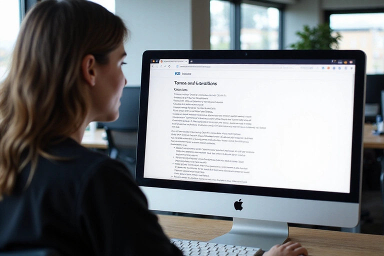 Ein Nutzer, der respektvoll und aufmerksam am Computer sitzt und die Website-Bedingungen liest.